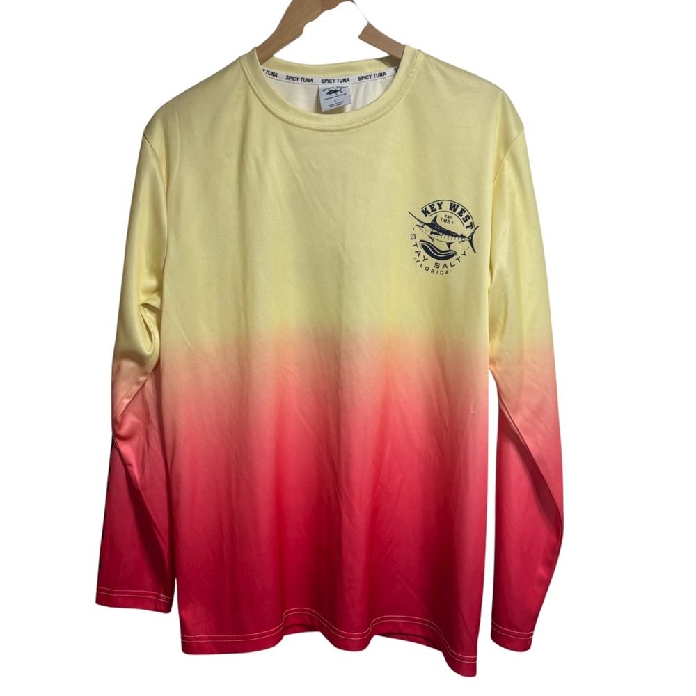 Spicy Tuna Key West Florida Ombre Fishing Shirt Mens Large Yellow Pink #731‎